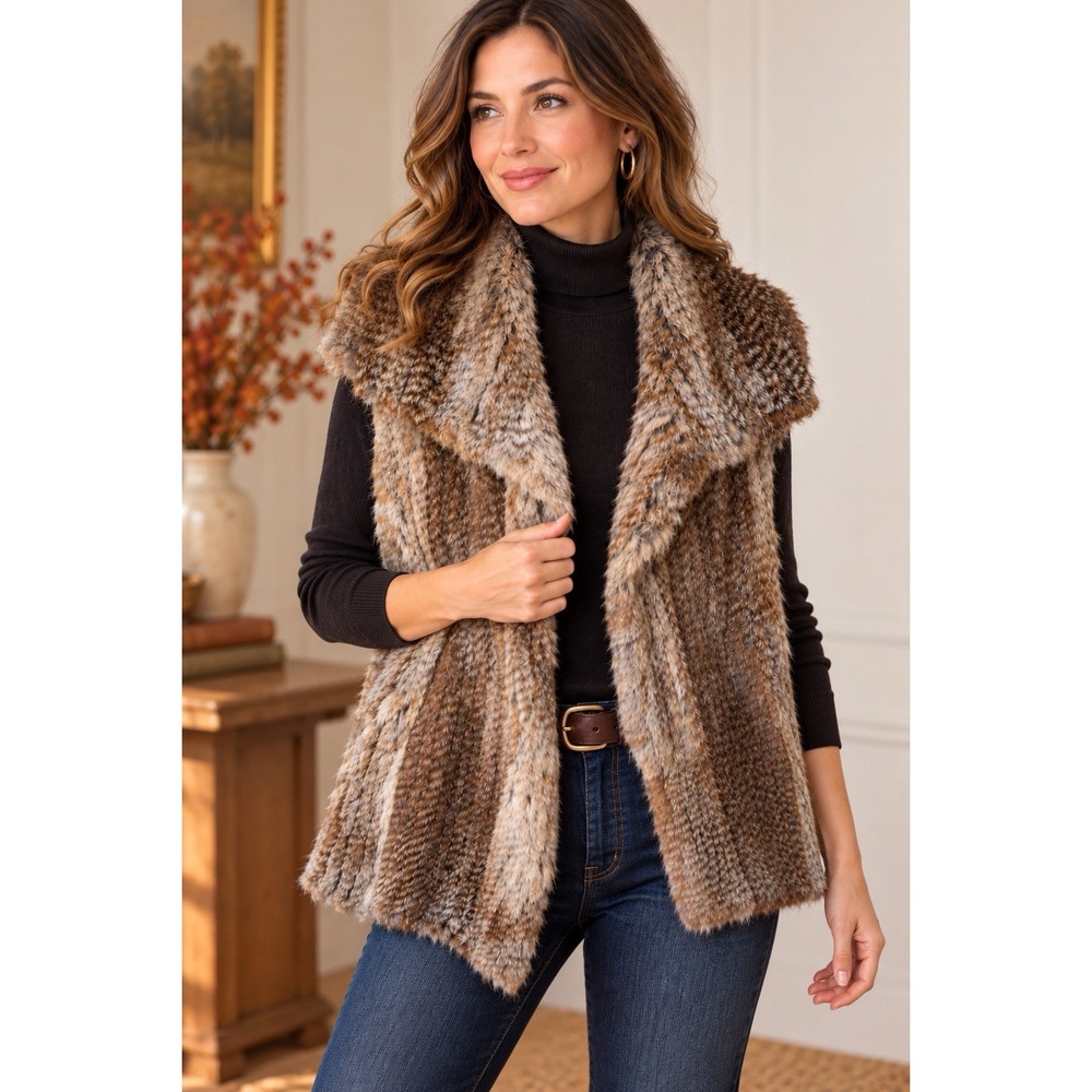 Calypso St. Barth Sz Medium Rabbit Fur Vest Sleeveless Open Front Earth Tones